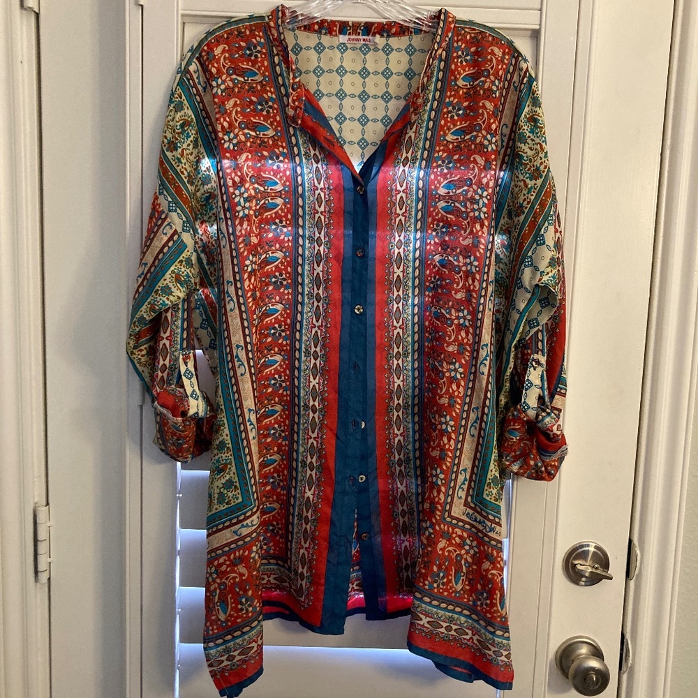 Johnny Was Colorful 100% Silk Blouse w/ Roll Tab Sleeve Size S Boho ~ Sheer!